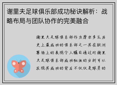 谢里夫足球俱乐部成功秘诀解析:战略布局与团队协作的完美融合 谢里夫足球俱乐部成功秘诀解析:战略布局与团队协作的完美融合